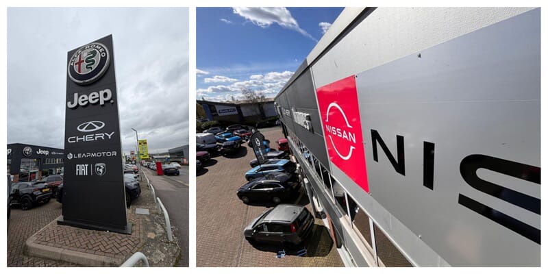 A collage of the exterior signage for Thames, including Jeep, Chery, and Nissan.